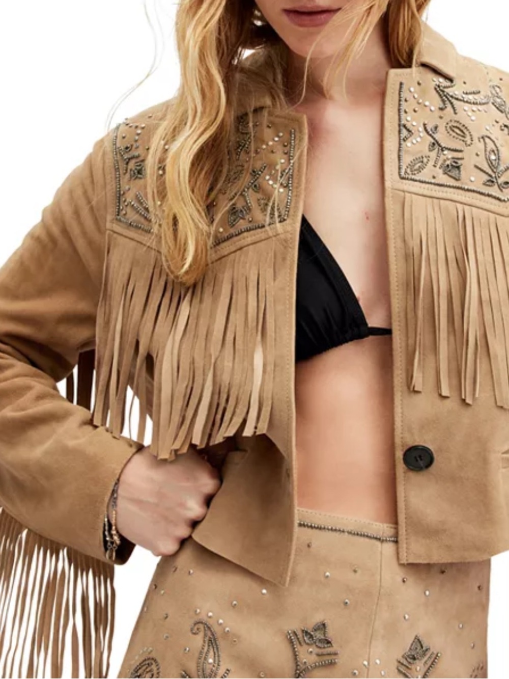 All Saints Corinna Shae Suede Fringe Embellished Suede Jacket - Tan UK 14/US 10